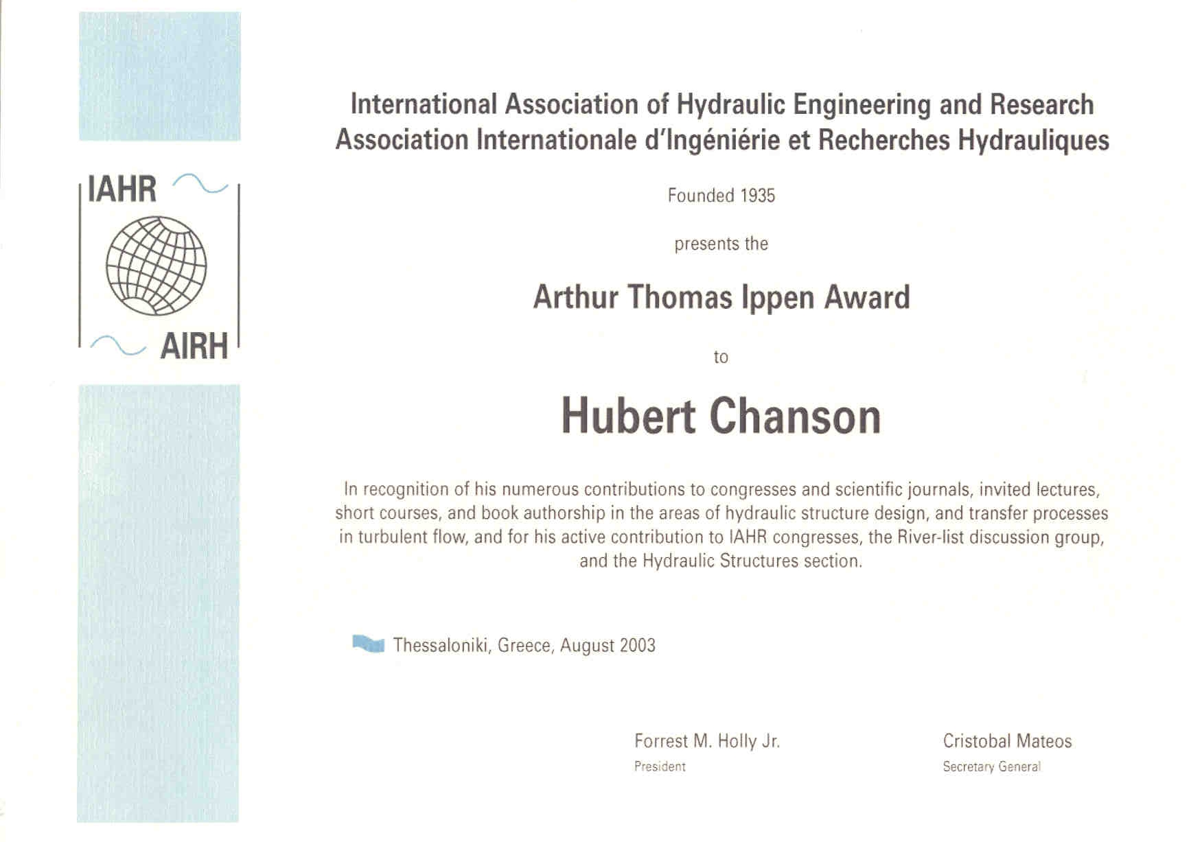 13th Ippen award (IAHR)