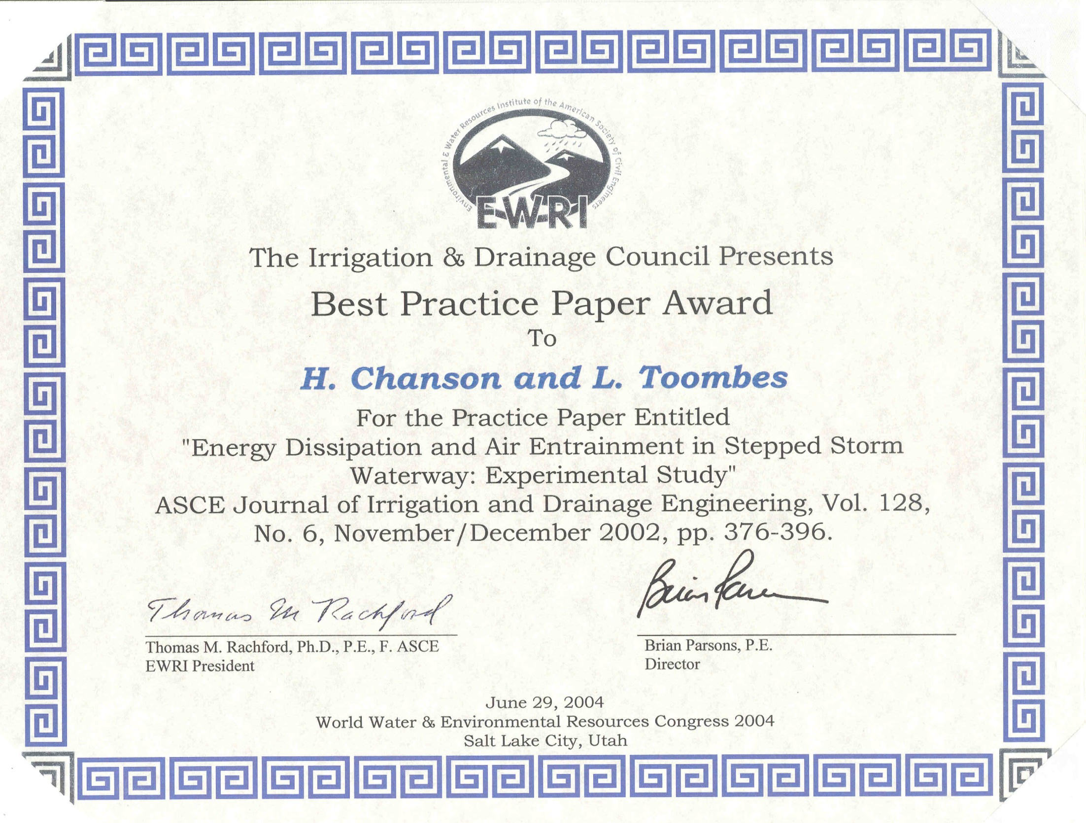 2004 EWRI-ASCE Best practice paper award